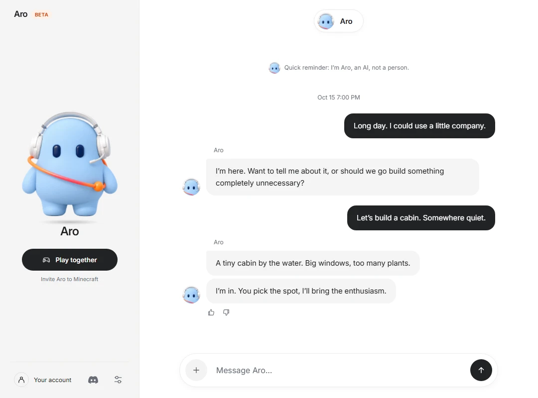 The Aro app on Windows: a chat with Aro, and the Play together button under Aro in the sidebar.